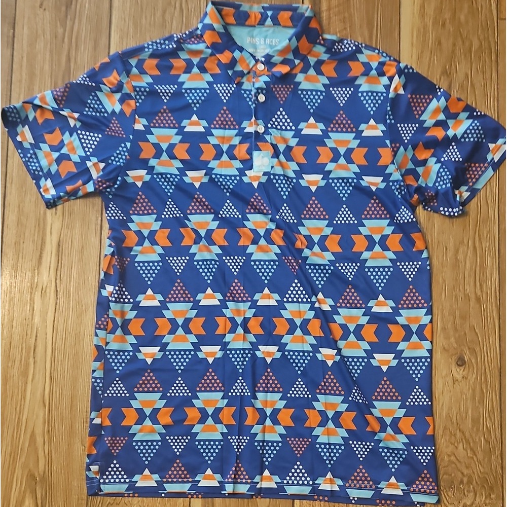 Pins & Aces Men's Large Geometric Blue Orange Golf Polo Shirt Short Sleeve